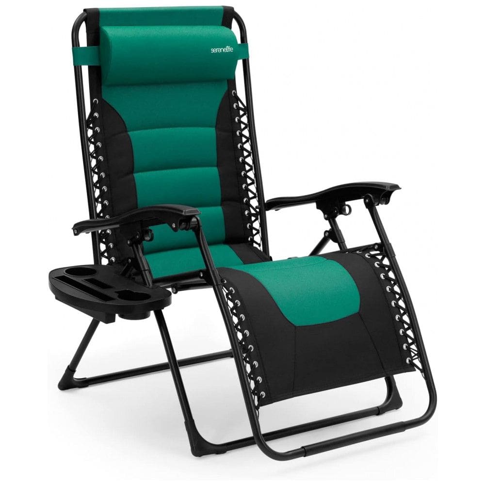 Cadeira Reclinável Ajustável Gravidade Zero com Mesa Lateral, Almofada Removível e Porta Copos, SereneLife, Verde e Preto