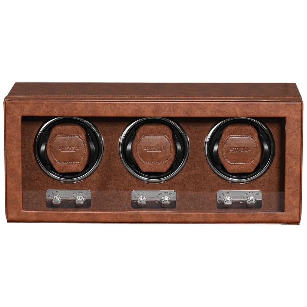 Caixa, Estojo de Couro Rotativo Automático para Relógios, 3 Lugares, ROTHWEL, Marrom