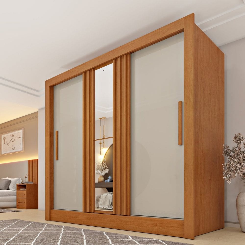 Guarda Roupa Casal 3 Portas Taiffa Ripado 190cm com Espelho Espresso Móveis Cinamomo /Off White