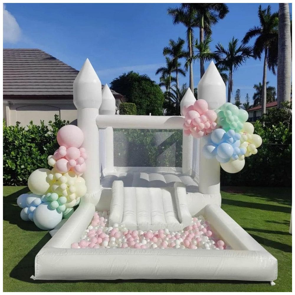 Casa de Pula-Pula Branca Inflável para Crianças com Motor UL Portátil, Grande Piscina de Bolinhas e Espaço para Pular 3 em 1 - Cessbong