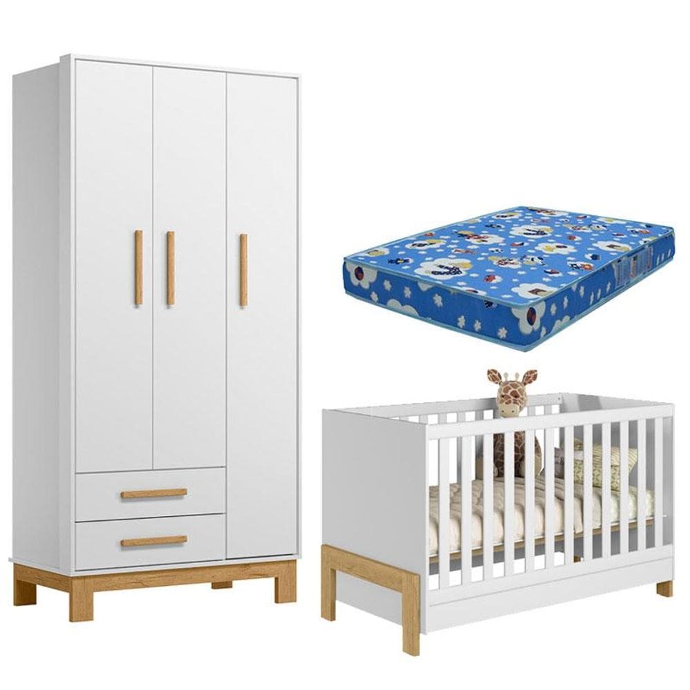 Berço Americano 4300 Mini Cama Fantasia e Guarda Roupa Infantil Q Encanto Slim 4340  Branco Acetinado com Colchão Tend Tudo – Qmovi
