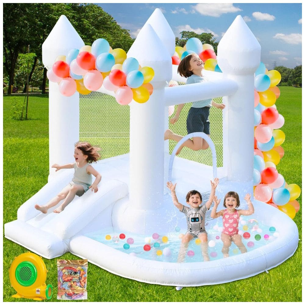 Casa de Pulos FOOING Branca, Casa de Pulos Inflável com Soprador de Ar, Castelo Pula-Pula com Piscina de Bolinhas para Festas, Casamentos