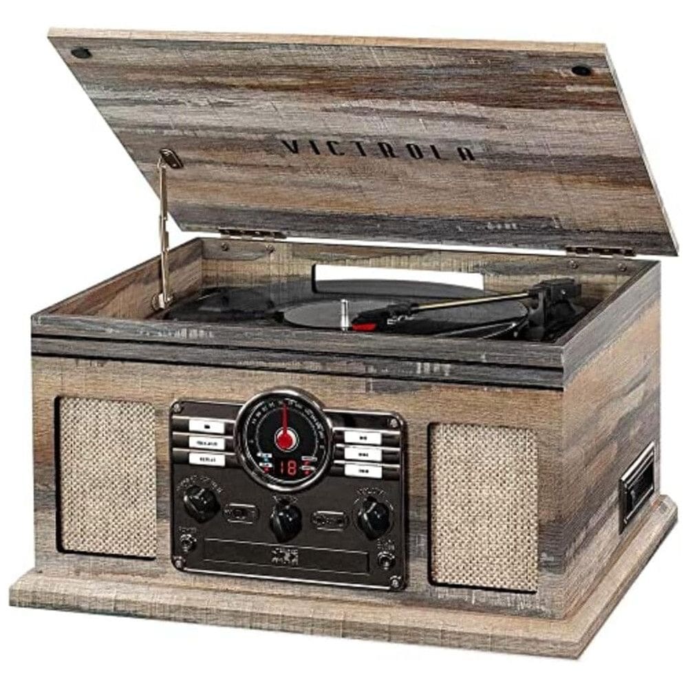 Toca Discos 6 em 1 3 Velocidades Rádio FM CD Entrada Auxiliar RCA, VICTROLA VTA 200B FSG, Marrom Claro