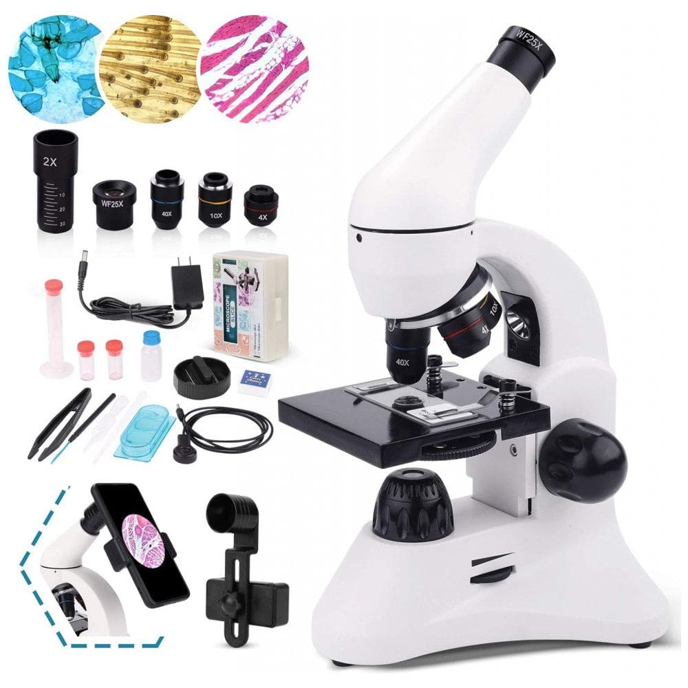 Microscópio Monocular Ampliação 100X 2000X com Adaptador de Telefone para Lâminas, USCAMEL