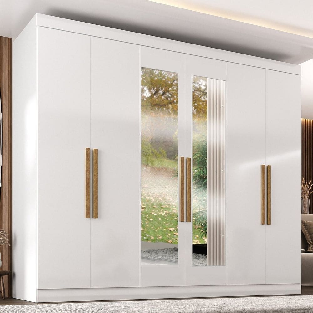 Guarda-roupa 6 Portas com Puxadores Mdf 50 e Espelho Paris Branco