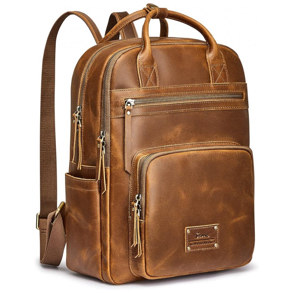 Mochila Feminina de Couro com Alça para Bagagem, S ZONE, Marrom Claro