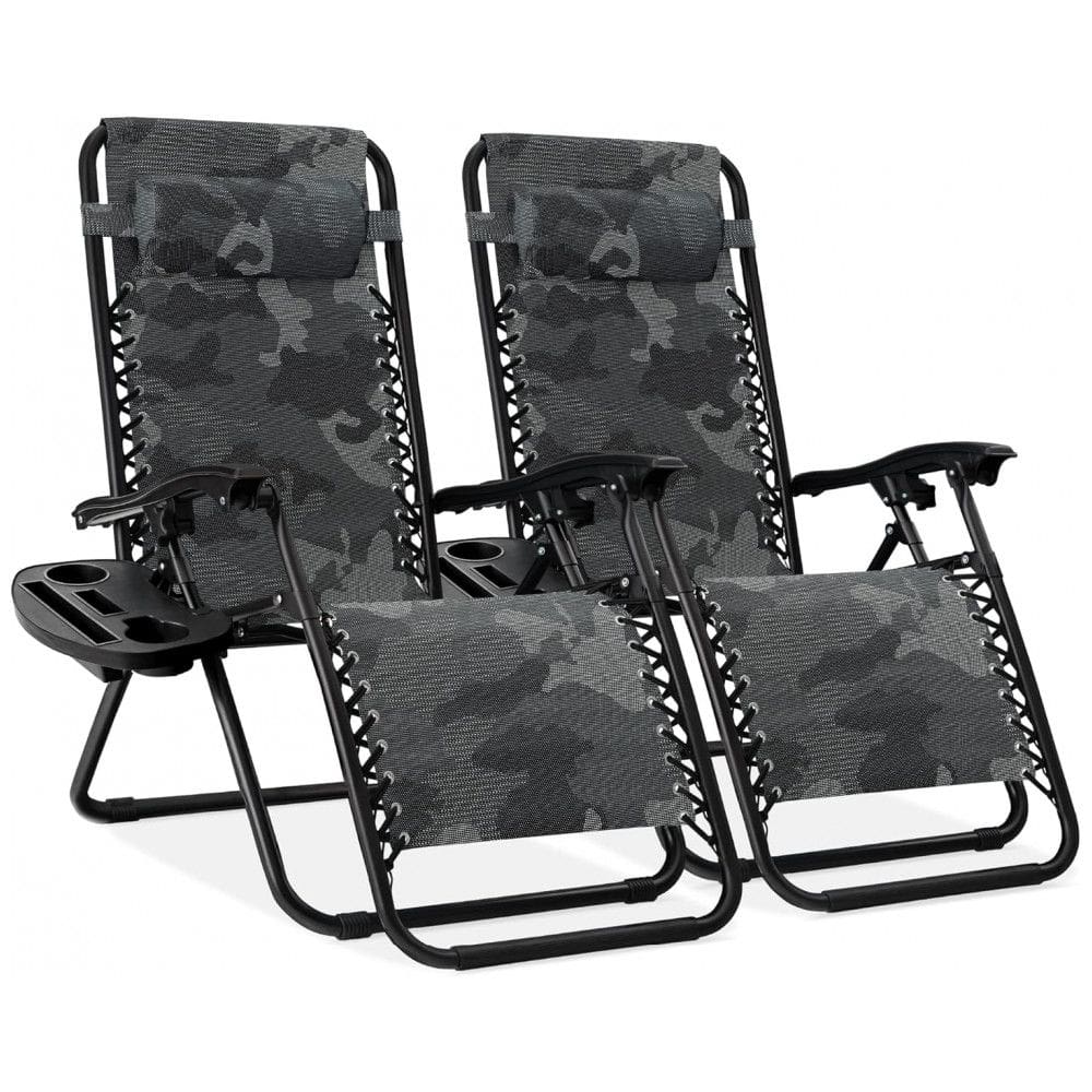 Conjunto de 2 Cadeiras Reclináveis de Aço Mesh Ajustáveis Zero Gravity com Almofadas e Bandejas,Best Choice Products