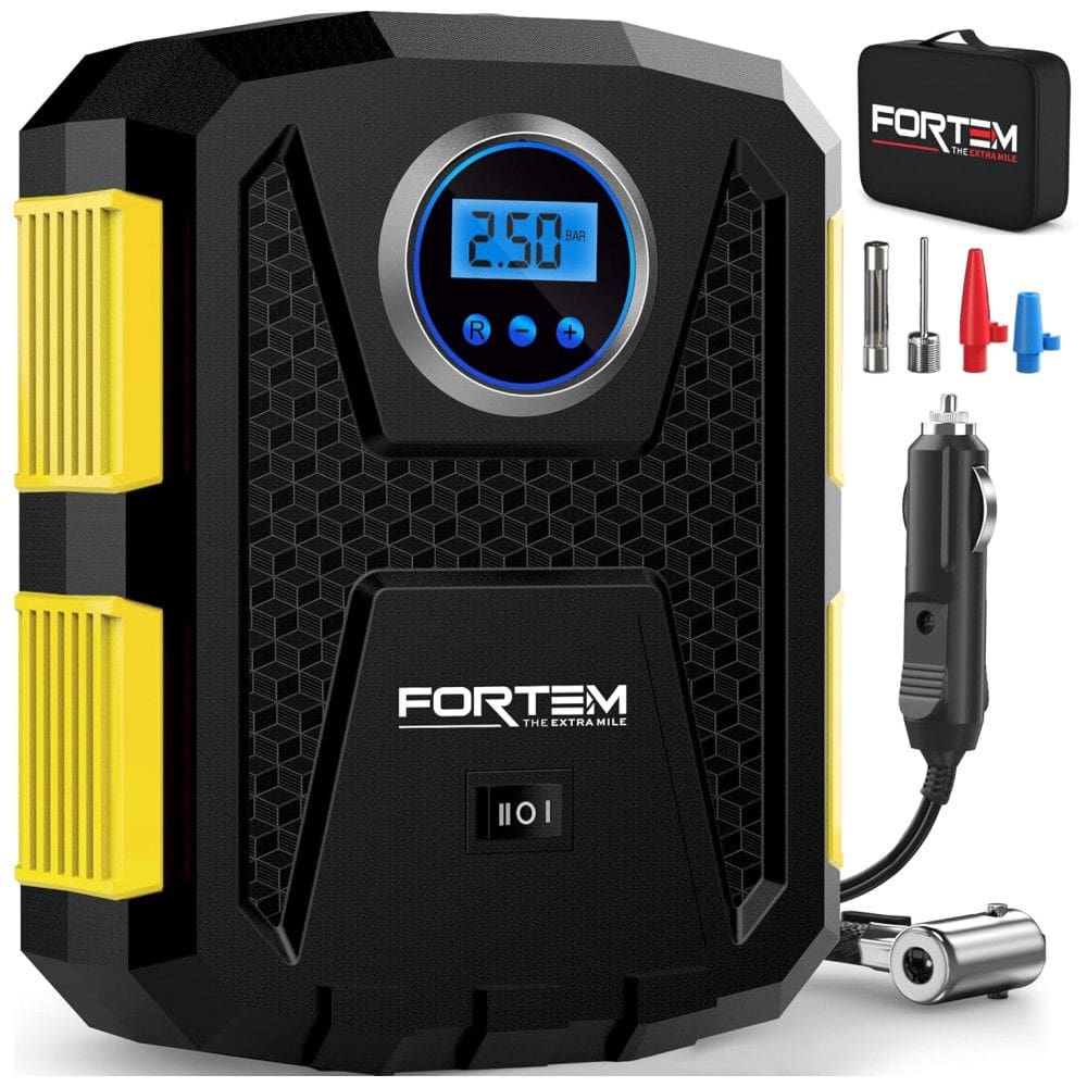 Compressor de Ar com Fio Portátil 150 PSI Recarregável com Tela LED e Desligamento Automático, 12V, FORTEM, Amarelo