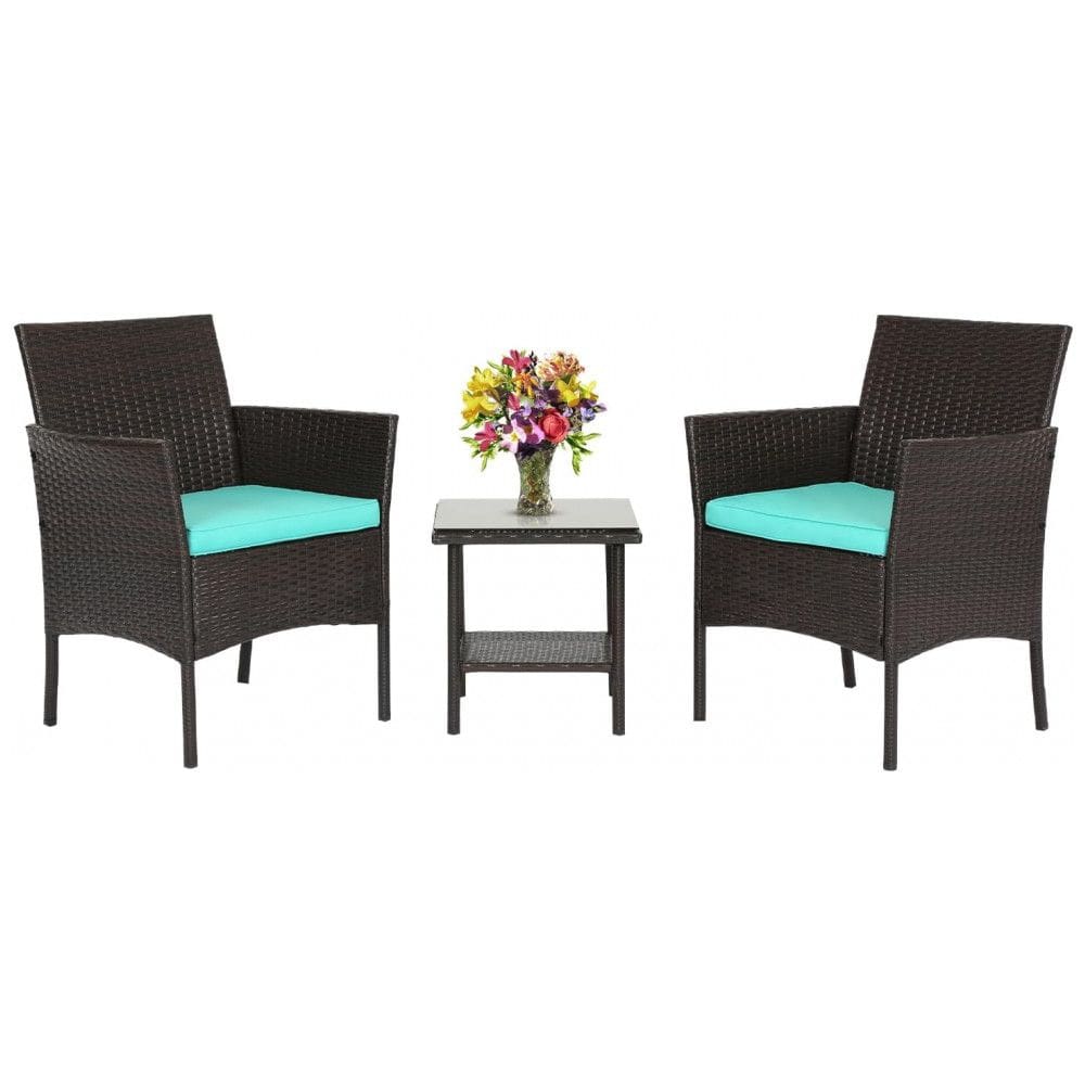 Conjunto de Móveis de Exterior FDW 3 Peças - Cadeiras de Vime Marrom para Varanda com Almofadas Azuis e Mesa de Café de Vidro - Para Jardim