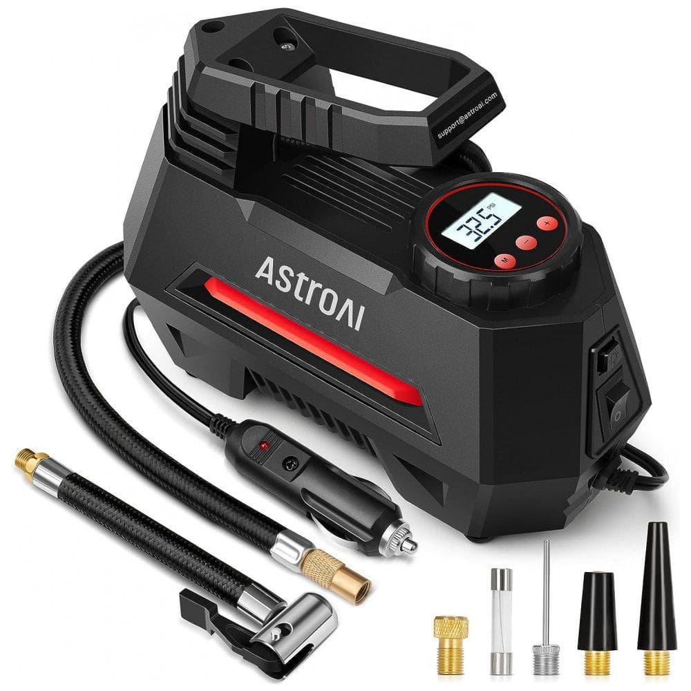 Compressor de Ar Portátil 100 PSI Recarregável com Tela LED e Manômetro Digital, 12V 120W, AstroAI AC220R, Preto e Vermelho