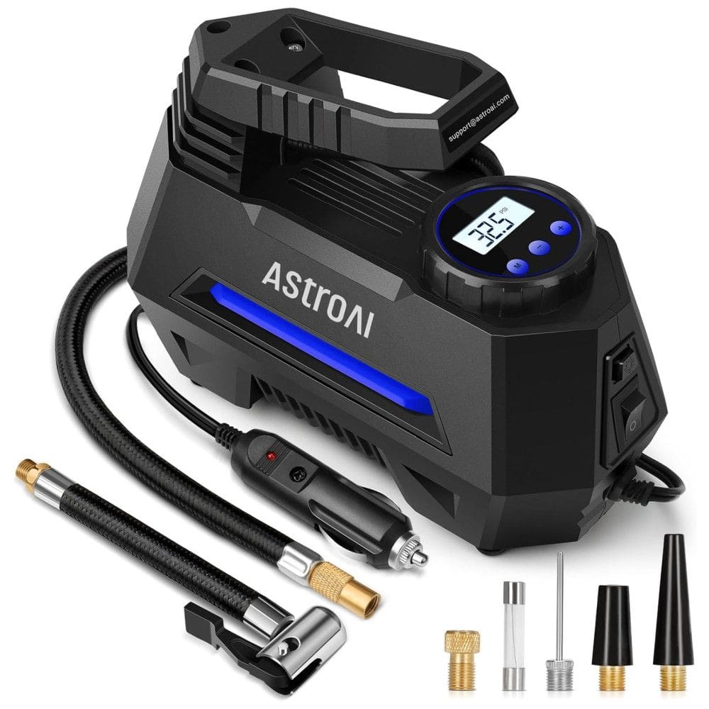 Compressor de Ar Portátil 100 PSI Recarregável com Tela LED e Manômetro Digital, 12V 120W, AstroAI A220BL, Preto e Azul