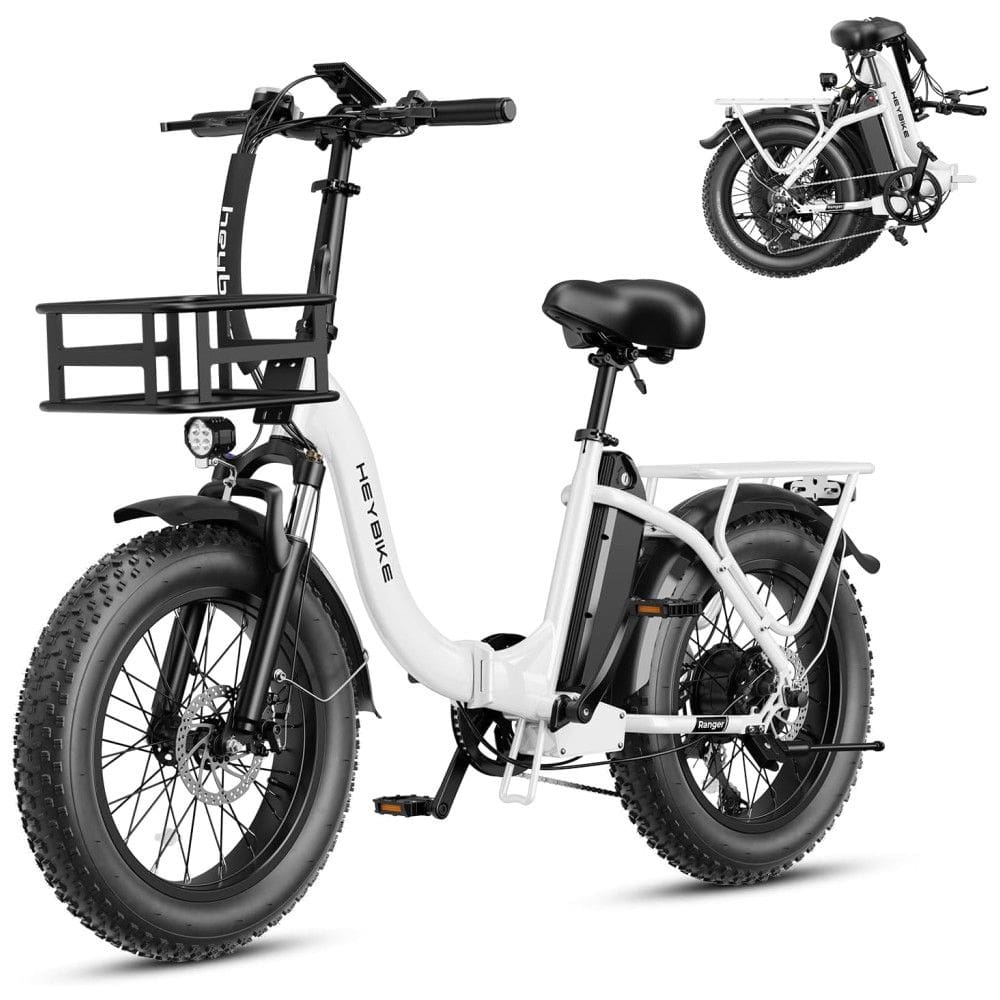 Bicicleta Elétrica Dobrável para Adultos 7 Velocidades até 77km com Amortecedor Duplo e Cesto, 48V 500W, Heybike, Branca