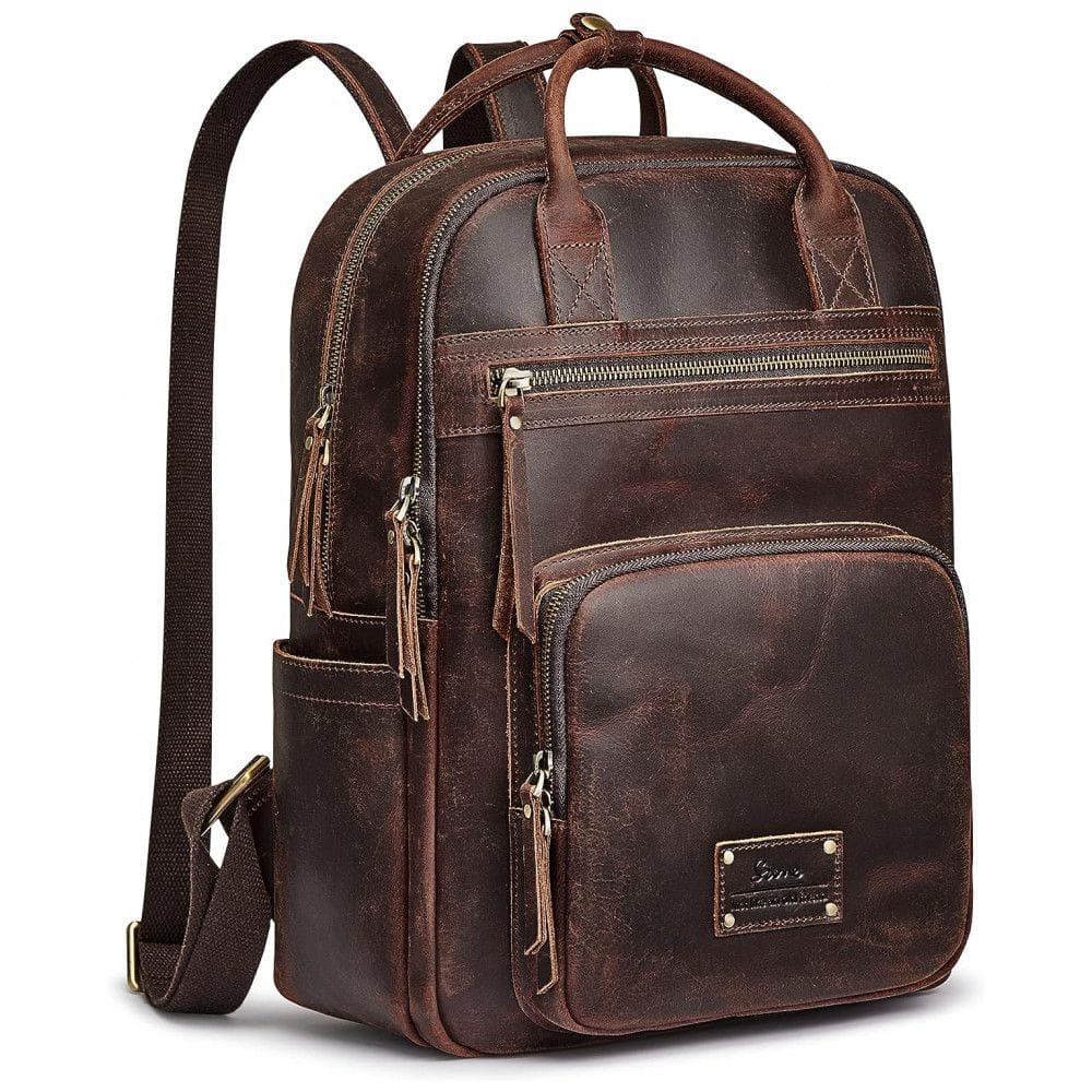 Mochila Feminina de Couro com Alça para Bagagem, S ZONE, Marrom Escuro