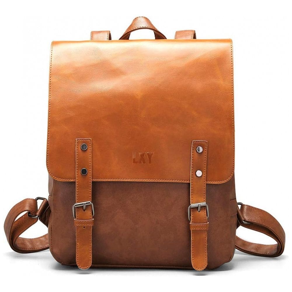 Mochila Feminina de Couro Sintético Vintage para Laptop, LXY, Marrom