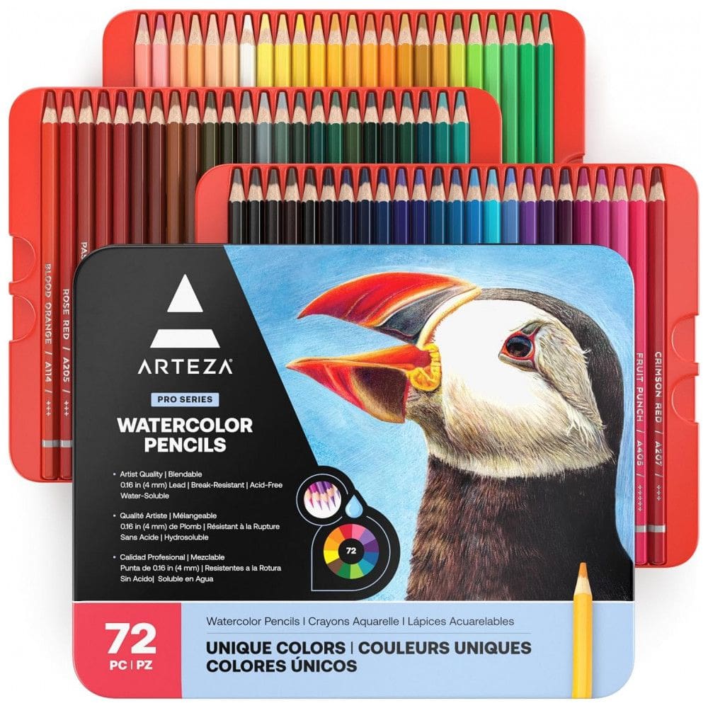Conjunto de Lápis Aquarela ARTEZA, 72 Cores Vibrantes Com Núcleos à Prova de Luz para Mesclar e Misturar em Estojo de Metal