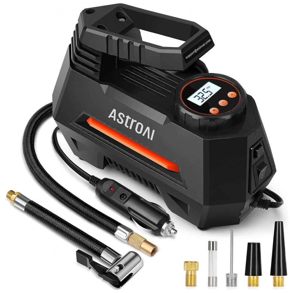 Compressor de Ar Portátil 100 PSI Recarregável com Tela LED e Manômetro Digital, 12V 120W, AstroAI AC220O, Preto e Laranja