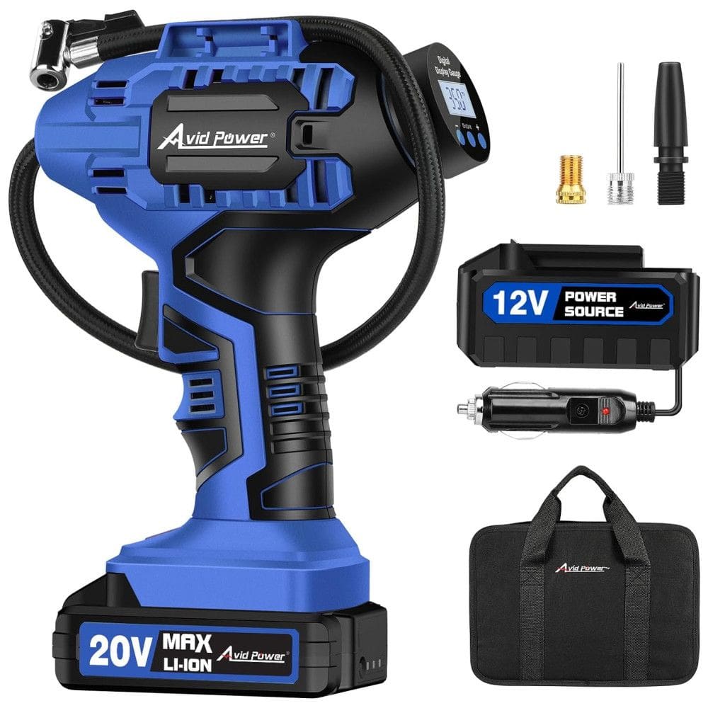 Compressor de Ar Portátil 100 PSI Recarregável com Tela LED e Bateria de Íon de Lítio, 20V, Avid Power, Azul