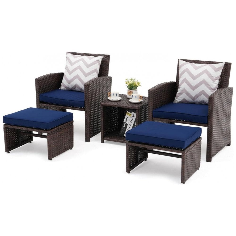 Conjunto de Conversação para Pátio OC Orange-Casual - 5 Peças, Móveis de Varanda com Almofadas, Cadeira de Vime Marrom com Otomano