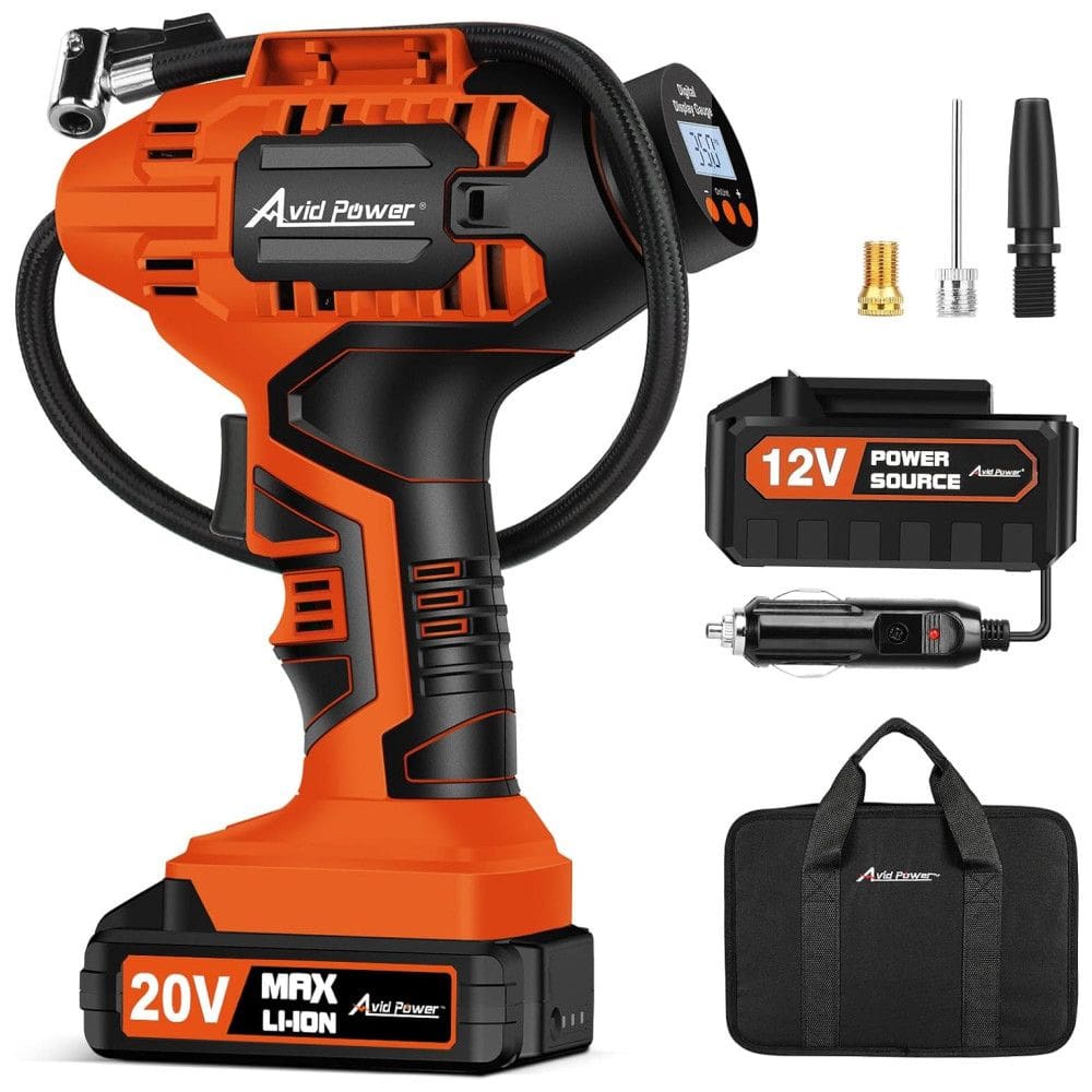 Compressor de Ar Portátil 100 PSI Recarregável com Tela LED e Bateria de Íon de Lítio, 20V, Avid Power, Laranja