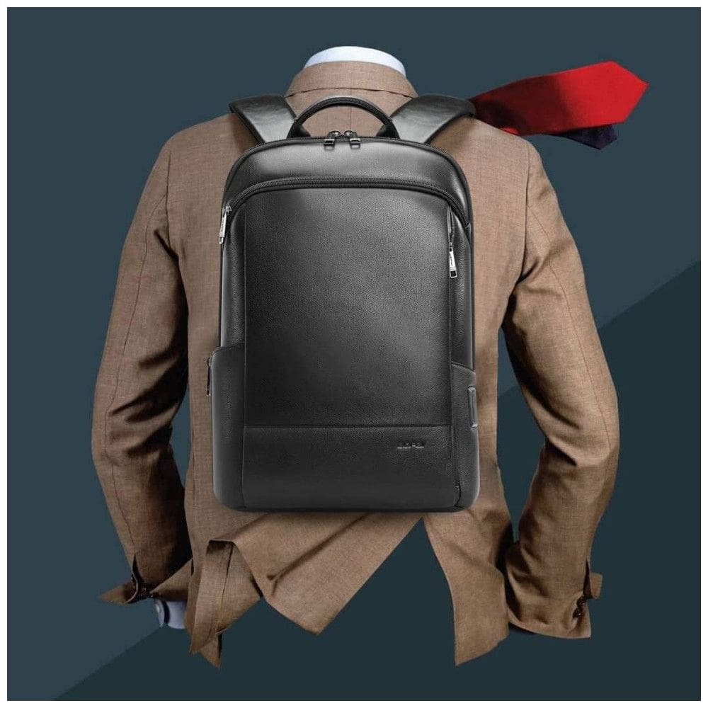 Mochila de Couro para Laptop com Carga USB Unissex, BOPAI, Preto