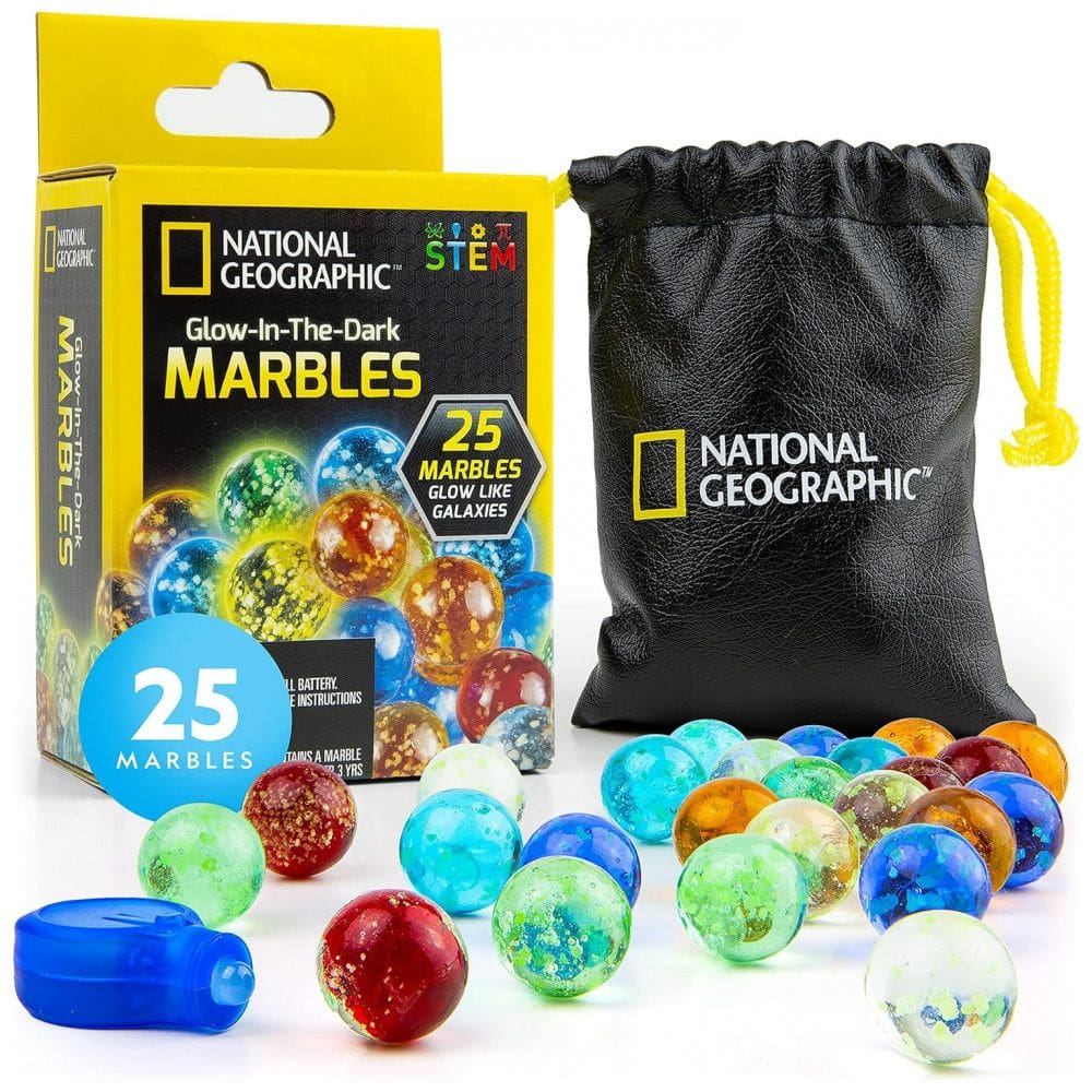 Blue Marble: Conjunto de 25 Bolas de Vidro que Brilham no Escuro National Geographic, Pouch de Armazenamento, Luz UV, Brinquedo de Montar