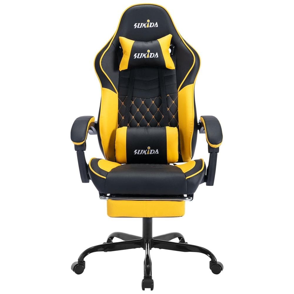 Cadeira Gamer Ergonômica com Apoio para Lombar e Cabeça, SUKIDA, Preto e Amarelo