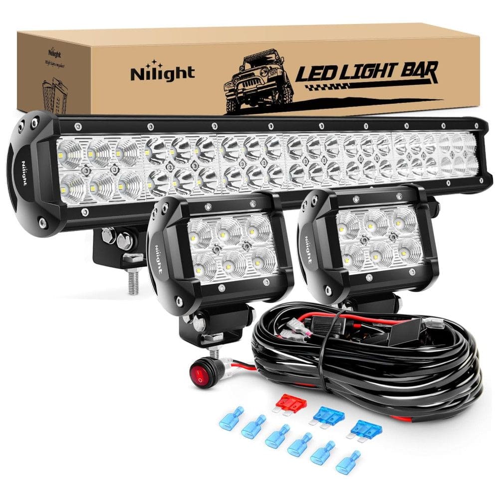 Kit Barra LED e Farol de Milha LED Off Road com Cabos e Suporte, 126W 12V 24V, Nilight ZH001, Preto