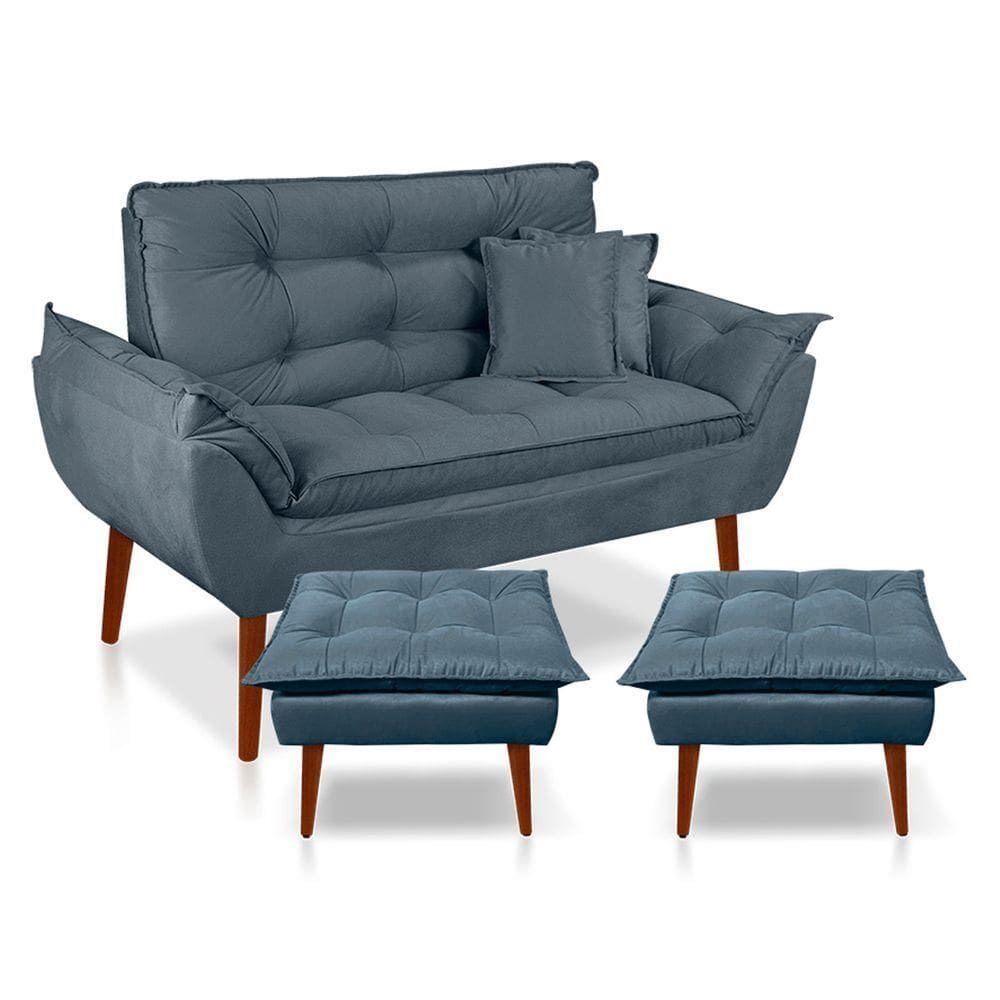 Kit Poltrona Decorativa Namoradeira 2 Puffs Opala E 2 Almofadas Suede Azul Turquesa - Lm Decor