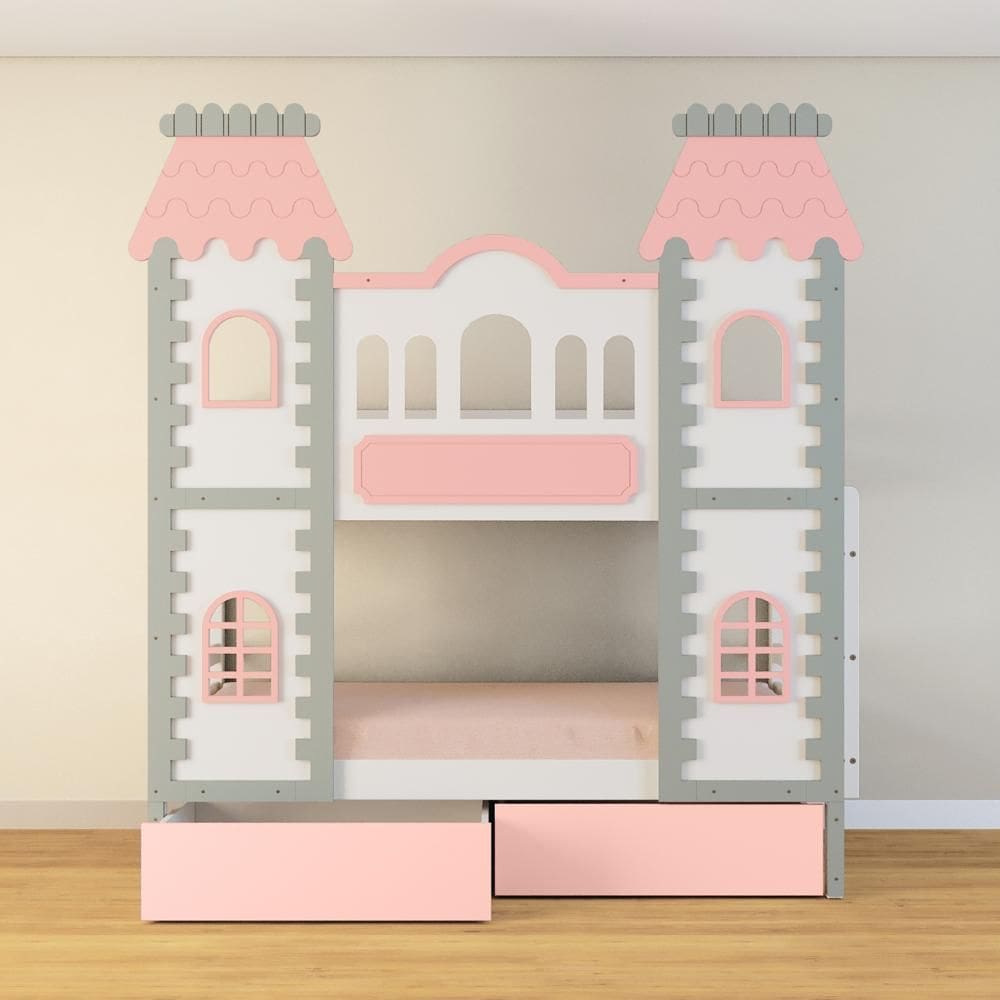 Beliche Castelo Encantado 02 Gavetas Rosa - Madeira Maciça Branco/Cinza/Rosa | Housin