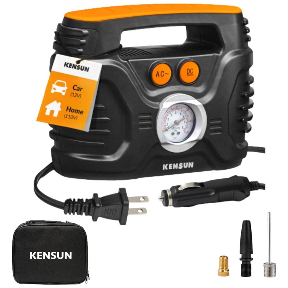 Compressor de Ar Elétrico Mini Portátil, 12V, 120 PSI, com adaptadores, 120 psi, 110v, KENSUN 10, Preto