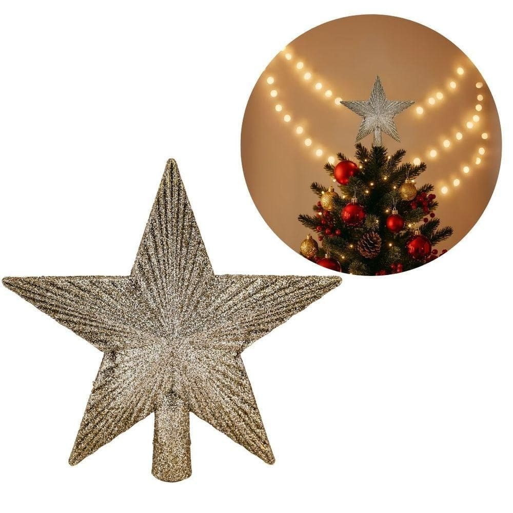 Ponteira Estrela Friso Glitter Champanhe Luxo 15cm Topo De árvore Natal