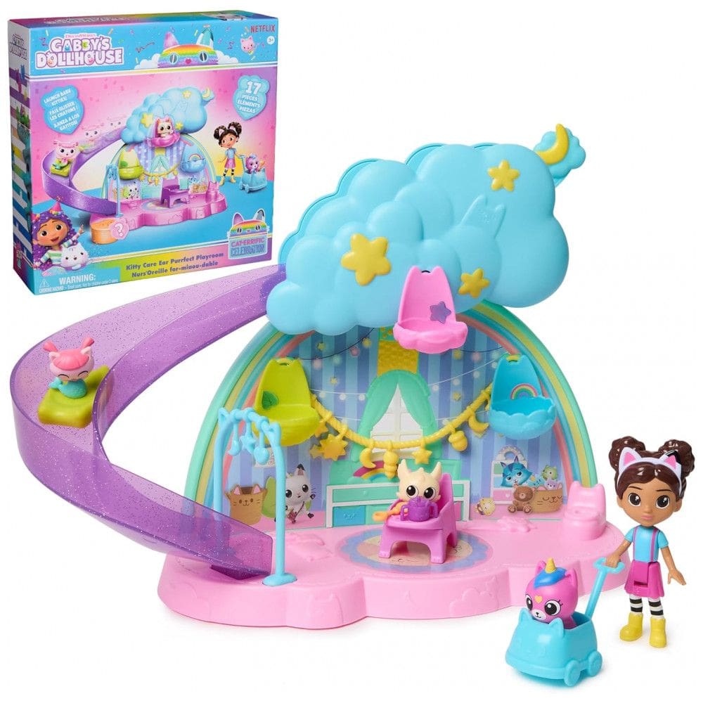 Playset Gabby`s Dollhouse Kitty Care Ear Purrfect Playroom com 17 Peças e 4 Figuras de Brinquedo - Móveis e Acessórios de Boneca