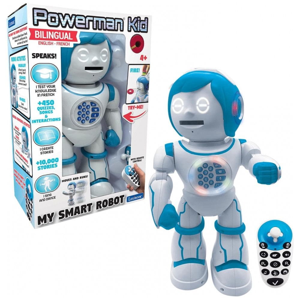 LEXiBOOK Powerman Kid: Robô Educativo Bilingue Inglês/Espanhol, que Anda, Fala, Dança, Cria Histórias, Quiz