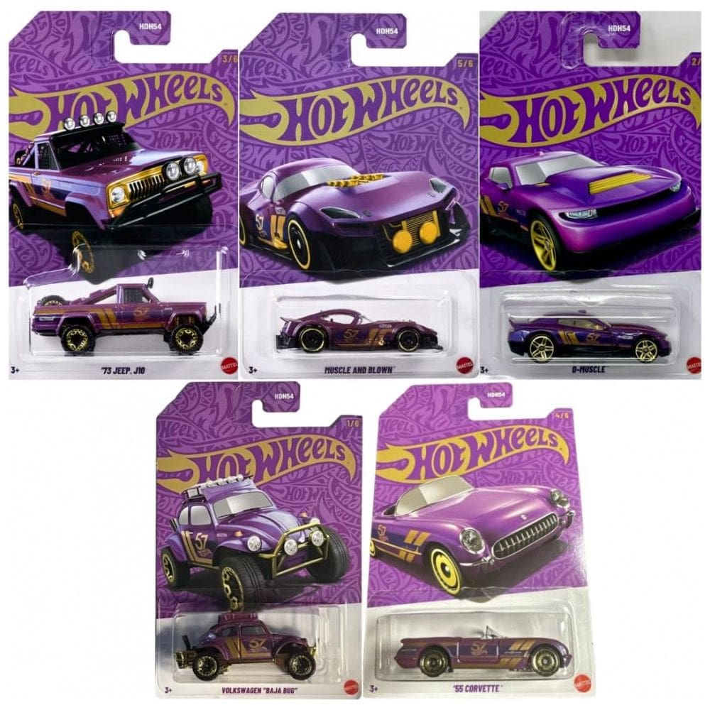 Coleção de Carros Hot Wheels Die-Cast, Edição Comemorativa de 57º Aniversário em Pérola Cromada - Conjunto de 5 Carros (Veículo Chase Não