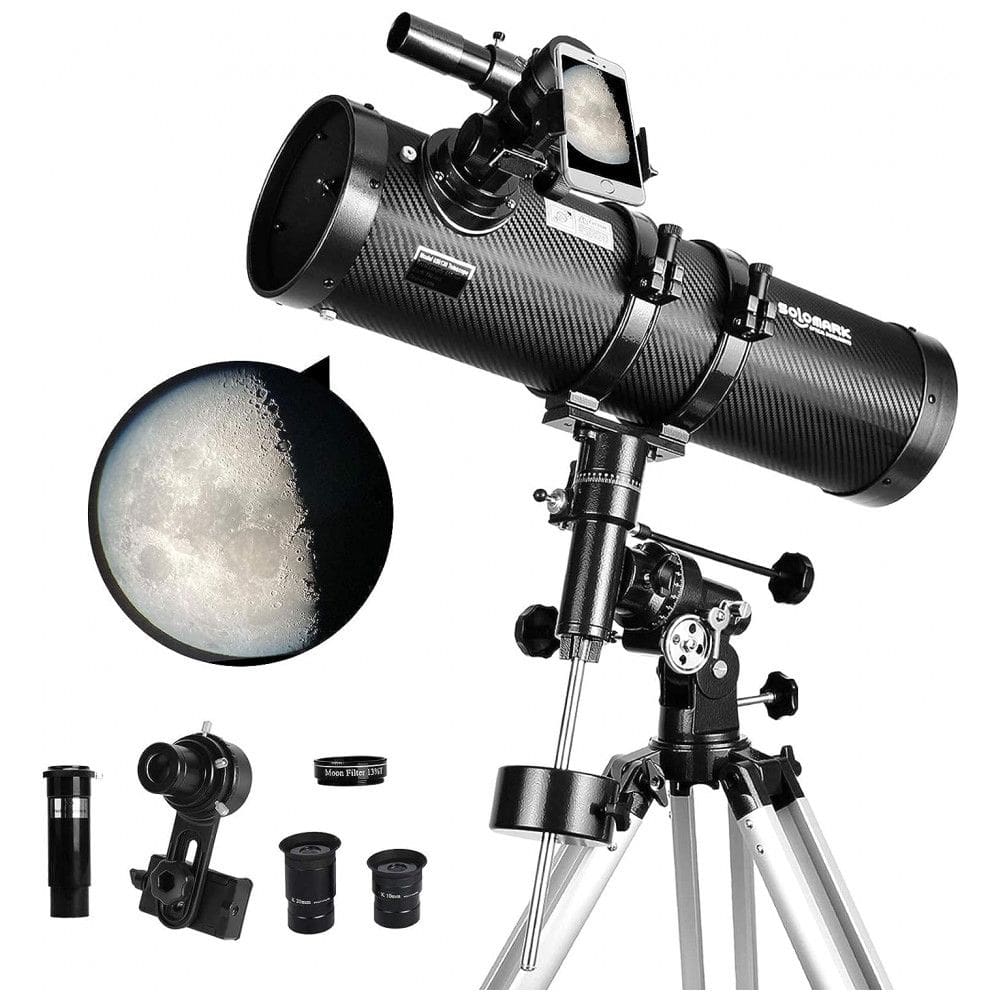 Telescópio Astronômico 65x com Adaptador de Celular, Lente Barlow 1,5X e Filtro de Lua, SOLOMARK 130EQ, Preto
