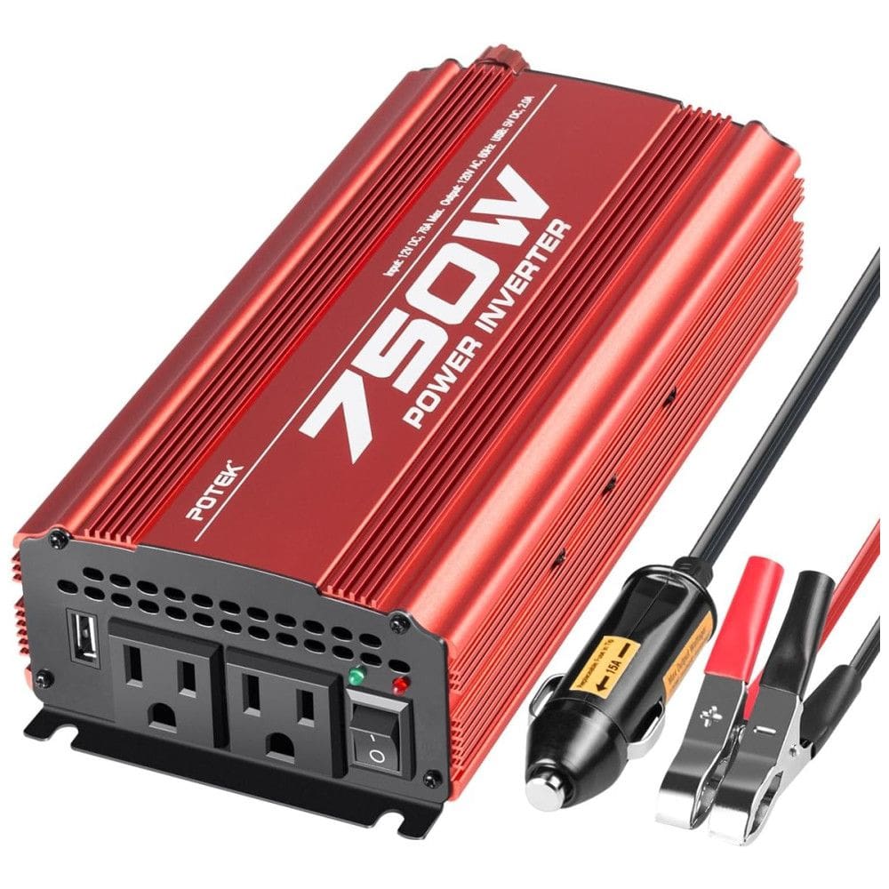 Inversor de Potência 750W DC 12V para AC 2 Tomadas, USB, 110v, POTEK 750WR, Vermelho