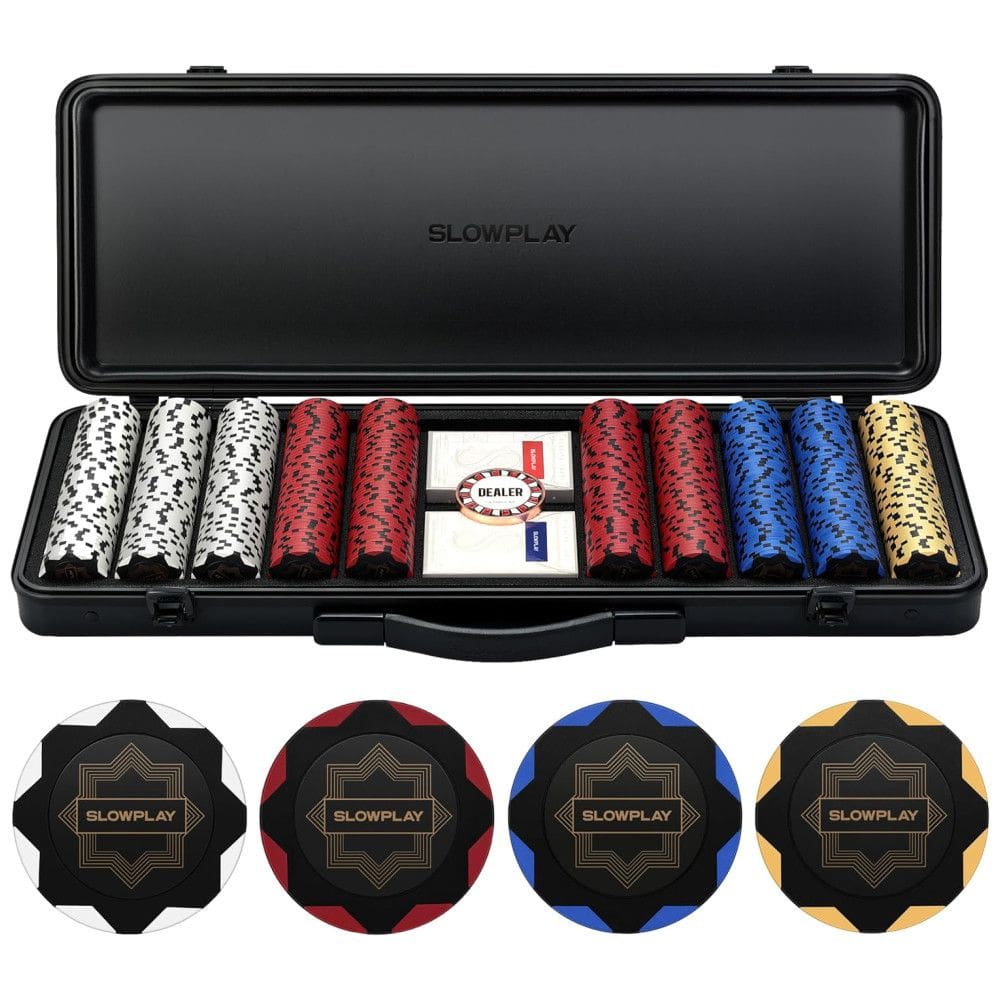 Maleta de Poker com Detalhes de Couro e 500 Fichas sem Numeração para Texas Holdem 14g, SLOWPLAY, Preta