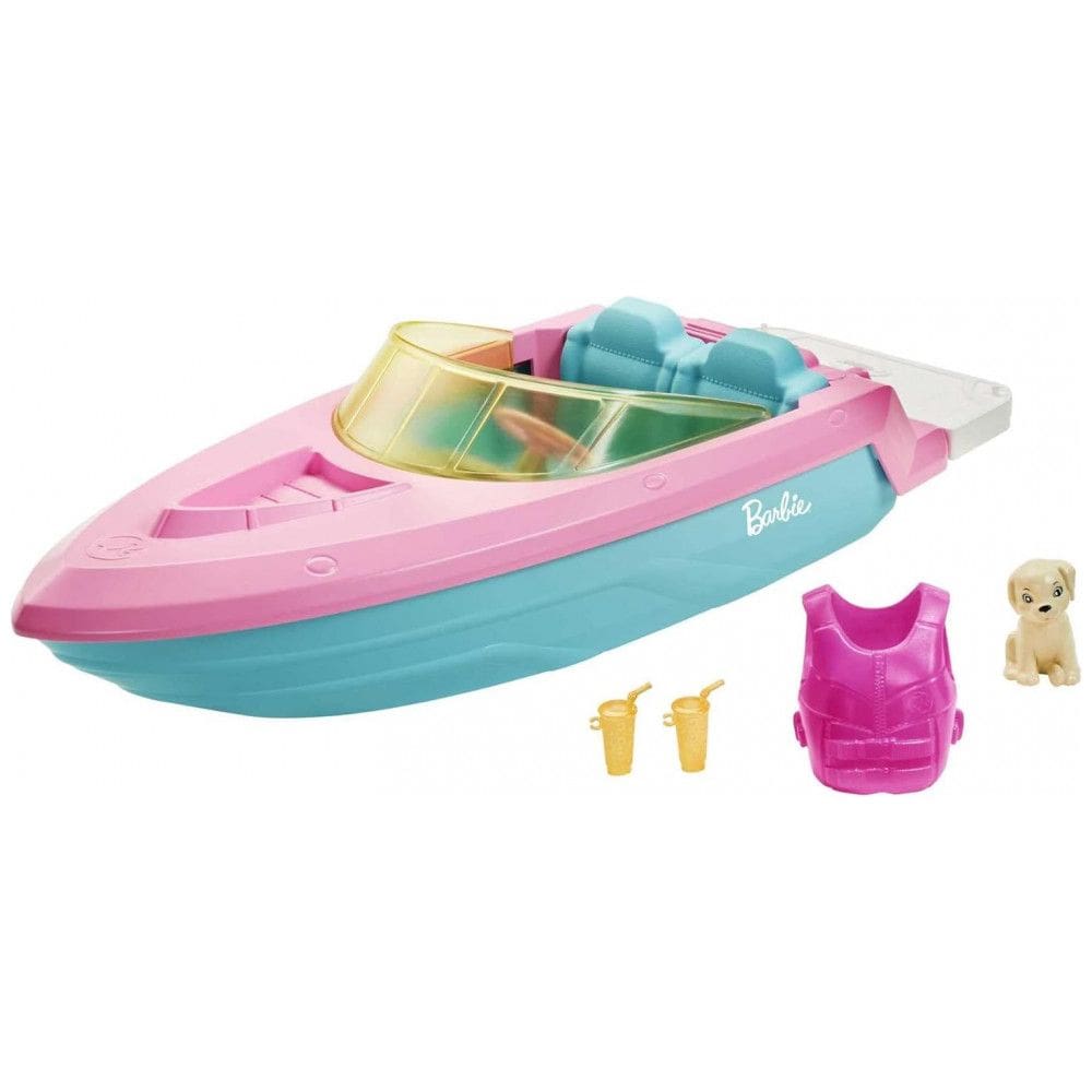 Barco de Brinquedo da Barbie com Cachorrinho, Colete Salva Vidas e Acessórios, Rosa