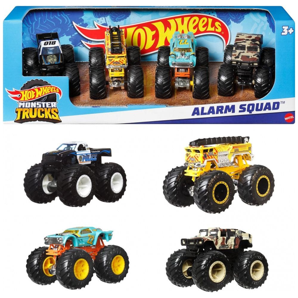 Brinquedo Hot Wheels Monster Trucks, Conjunto de 4 Mini Monster Trucks em Escala 1:64, Rodas Gigantes e Designs Incríveis, 4Pack Alarm Squad