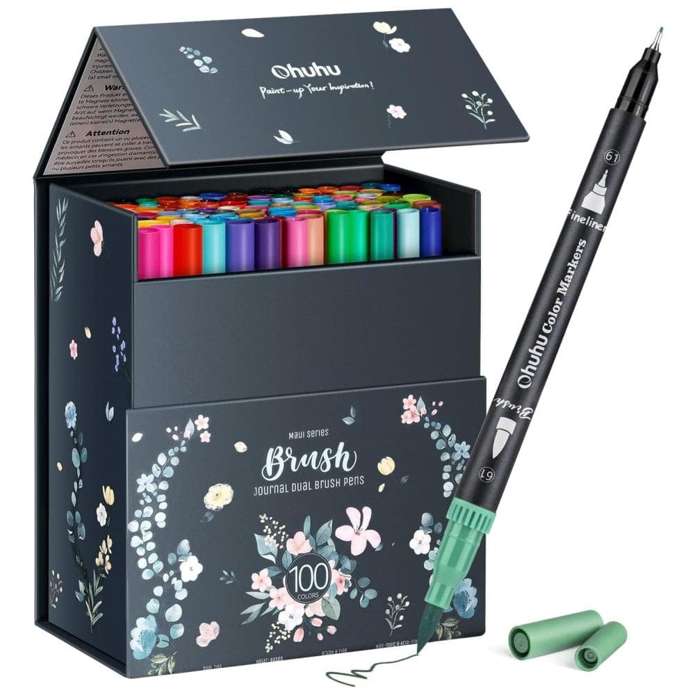 Conjunto de Canetas Artisticas 100 Cores com Pontas Duplas, Pincel Fino à Base de Água para Crianças e Adultos, Ohuhu, Preta