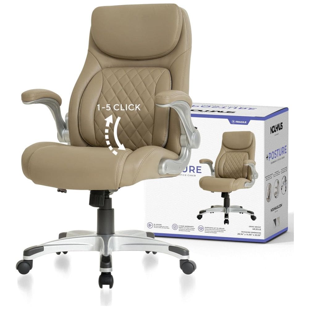 Cadeira de Escritório Ergonômica em Couro Sintético com Apoio de Braços, Nouhaus Posture, Cinza