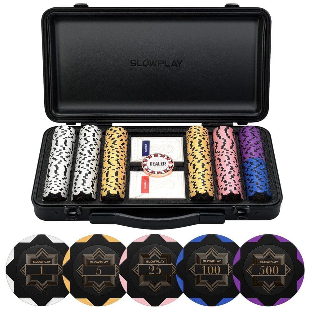 Maleta de Poker com Detalhes de Couro e 300 Fichas Numeradas para Texas Holdem, SLOWPLAY, Preta