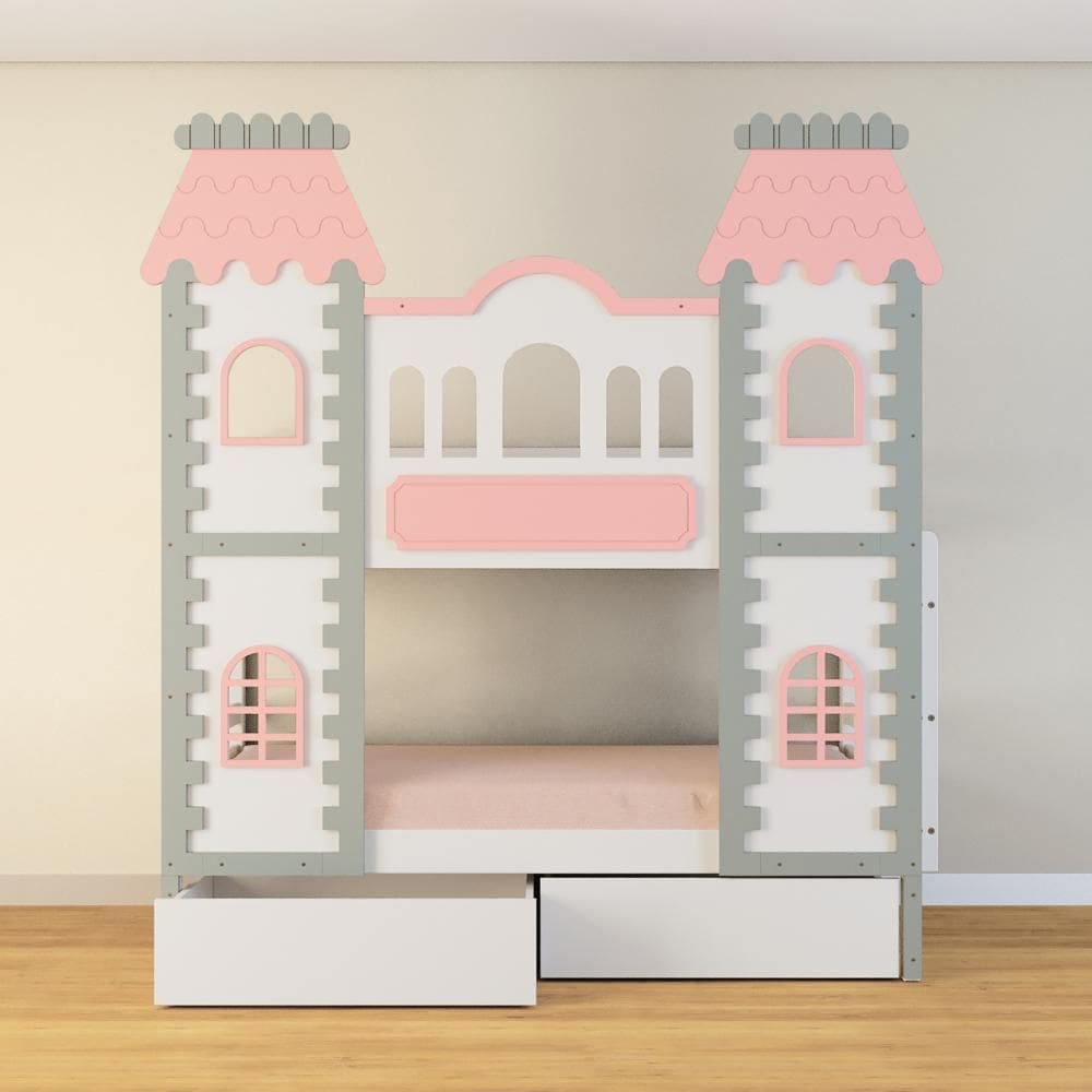 Beliche Castelo Encantado 02 Gavetas - Madeira Maciça Branco/Cinza/Rosa | Housin