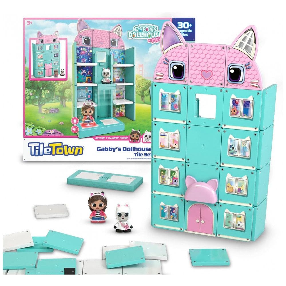 Conjunto de Construção Magnética Tile Town Gabbys Dollhouse 35 Peças, Brinquedo Interativo STEM de Telhas Magnéticas, Inclui Figuras de