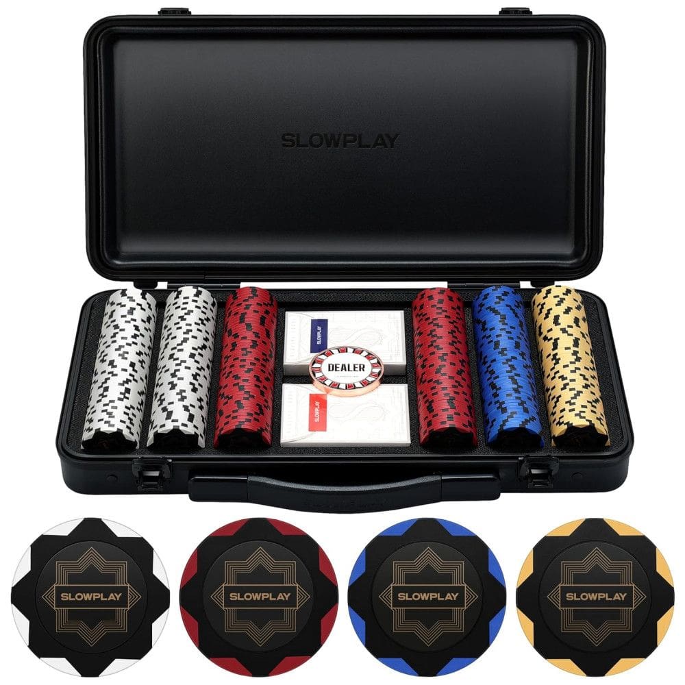 Maleta de Poker com Detalhes em Branco e 300 Fichas sem Numeração para Texas Holdem 14g, SLOWPLAY, Preta