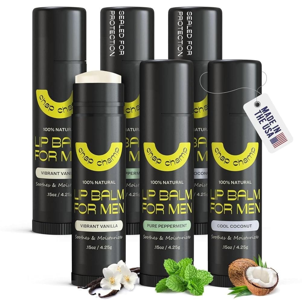 Bálsamo labial ChapChamp para homens com vitamina E e cera de abelha, pacote com 6