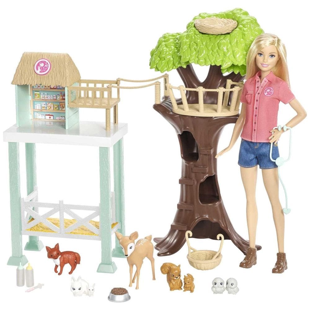Boneca Barbie Veterinária com 8 Animais de Estimação e Casa na Árvore, Rosa