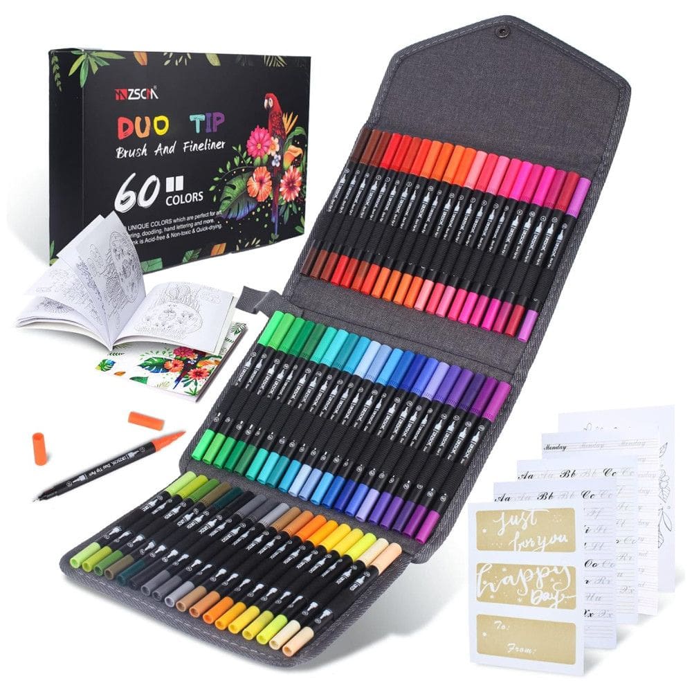 Conjunto de Canetas Artisticas 60 Cores com Ponta de Pincel Fino e Livro para Colorir, ZSCM