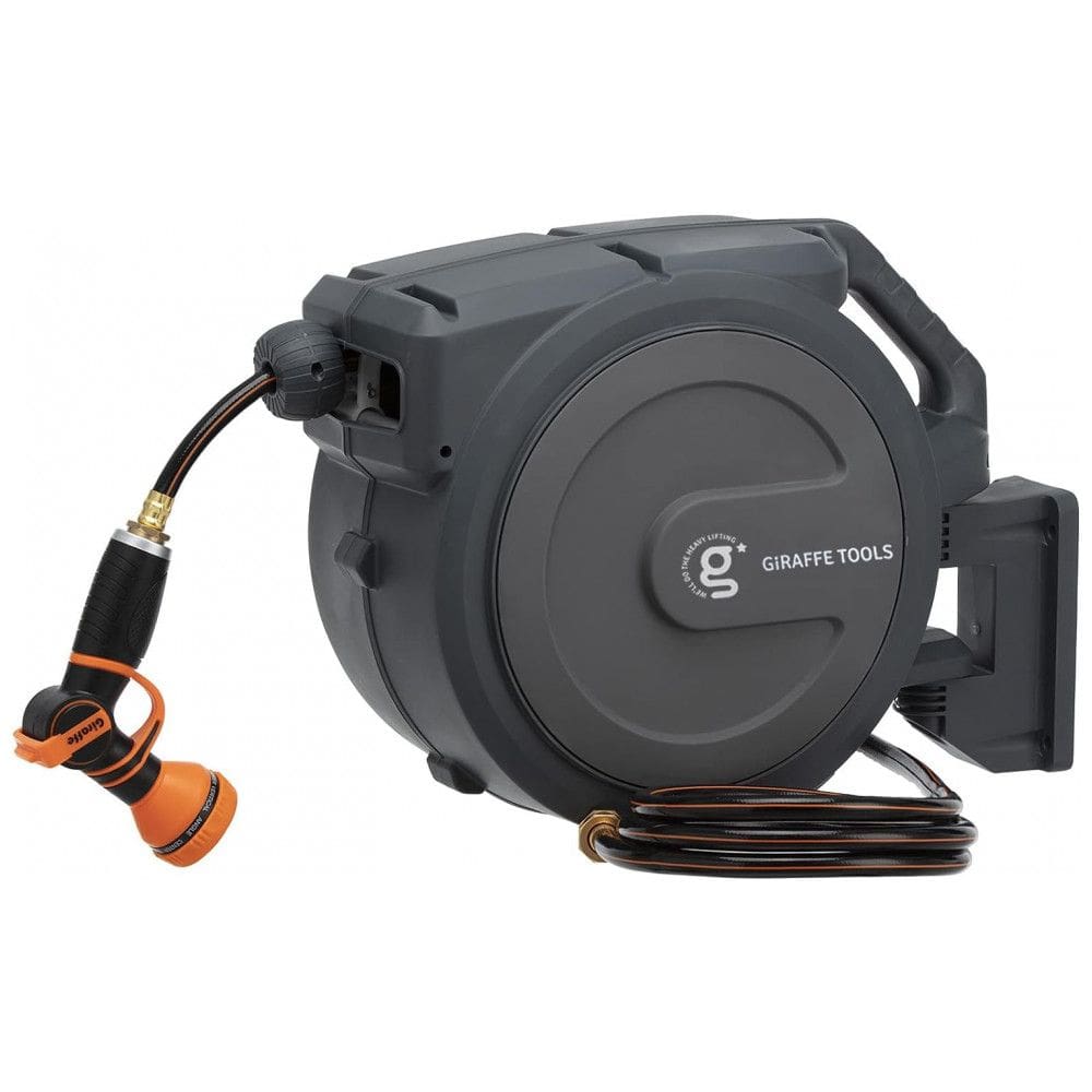 Mangueira de Jadim 23M com Enrolador Retrátil, Rebobinamento Lento, Trava e Bico Pulverizador de 9 Padrões, Giraffe Tools AW25, Cinza