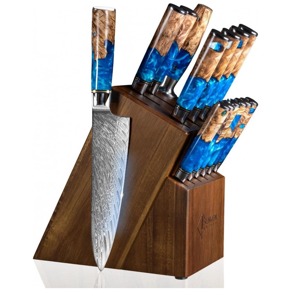 Conjunto de Facas em Aço Japonês VG10 Damasco com Bloco de Bancada, 15 Peças, Senken Knives, Azul